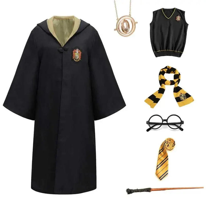 "Compleet Harry Potter kostuum met authentieke Hogwarts-jas, bril, sjaal en toverstok; ideaal voor fantasieavonturen."