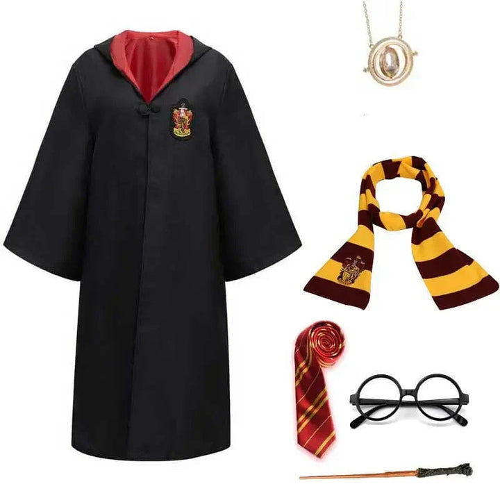 "Compleet Harry Potter kostuum met authentieke Hogwarts-jas, bril, sjaal en toverstok; ideaal voor fantasieavonturen."
