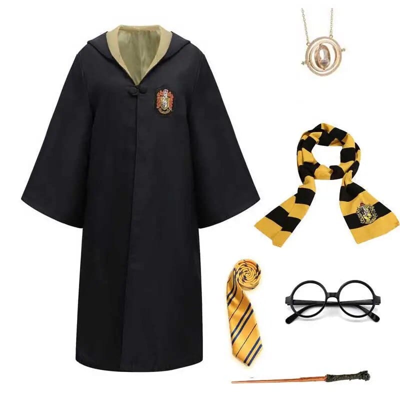 "Compleet Harry Potter kostuum met authentieke Hogwarts-jas, bril, sjaal en toverstok; ideaal voor fantasieavonturen."