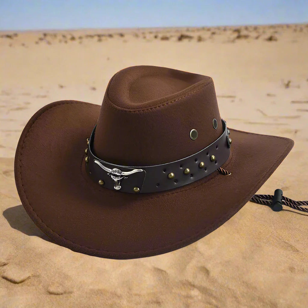 Cowboyhoed van vegan leer met klassieke vorm en gevlochten kinband, perfect voor een stijlvolle westernlook.