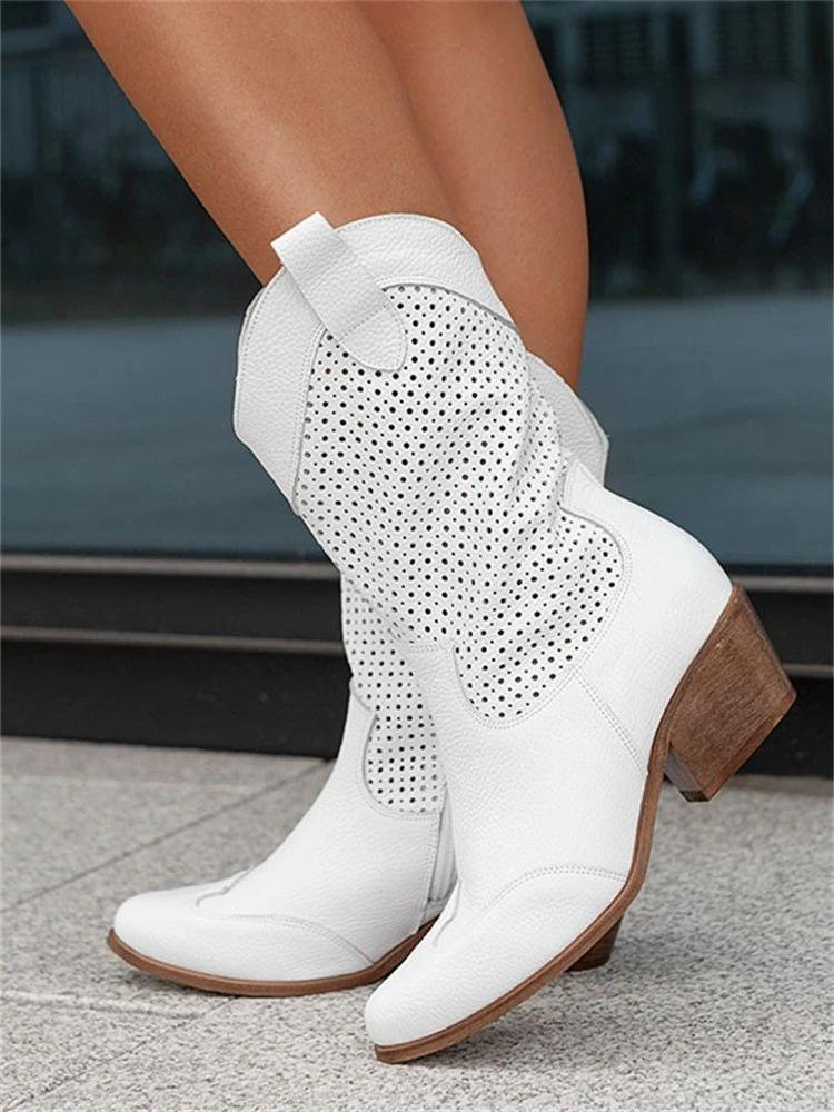 "Cowboylaarzen met western flair, ademende voering en duurzame zool in wit, zwart, khaki of bruin."