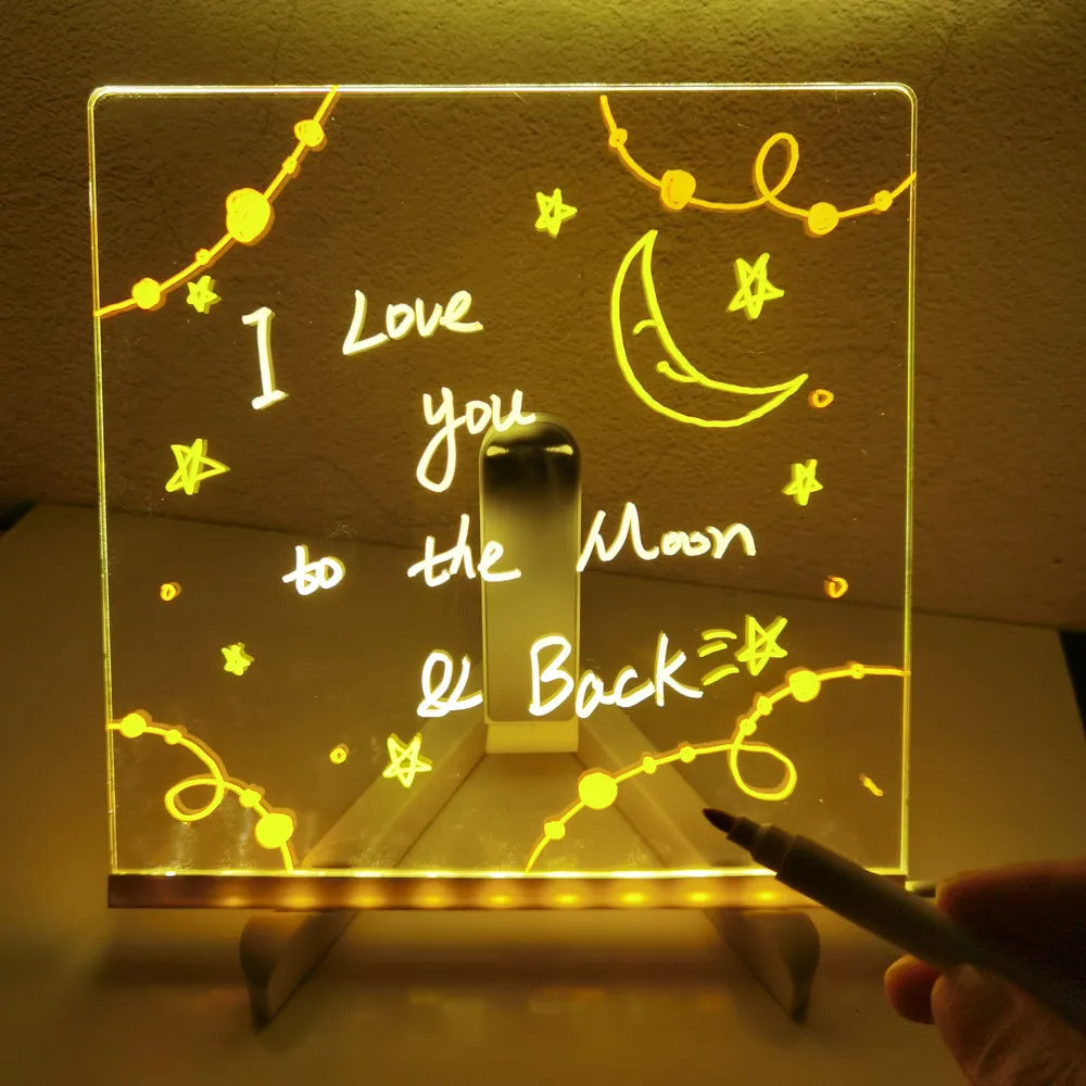 "Creatief LED tekenbord met instelbare helderheid en zeven pennen, ideaal voor kinderen om te tekenen en als nachtlamp"