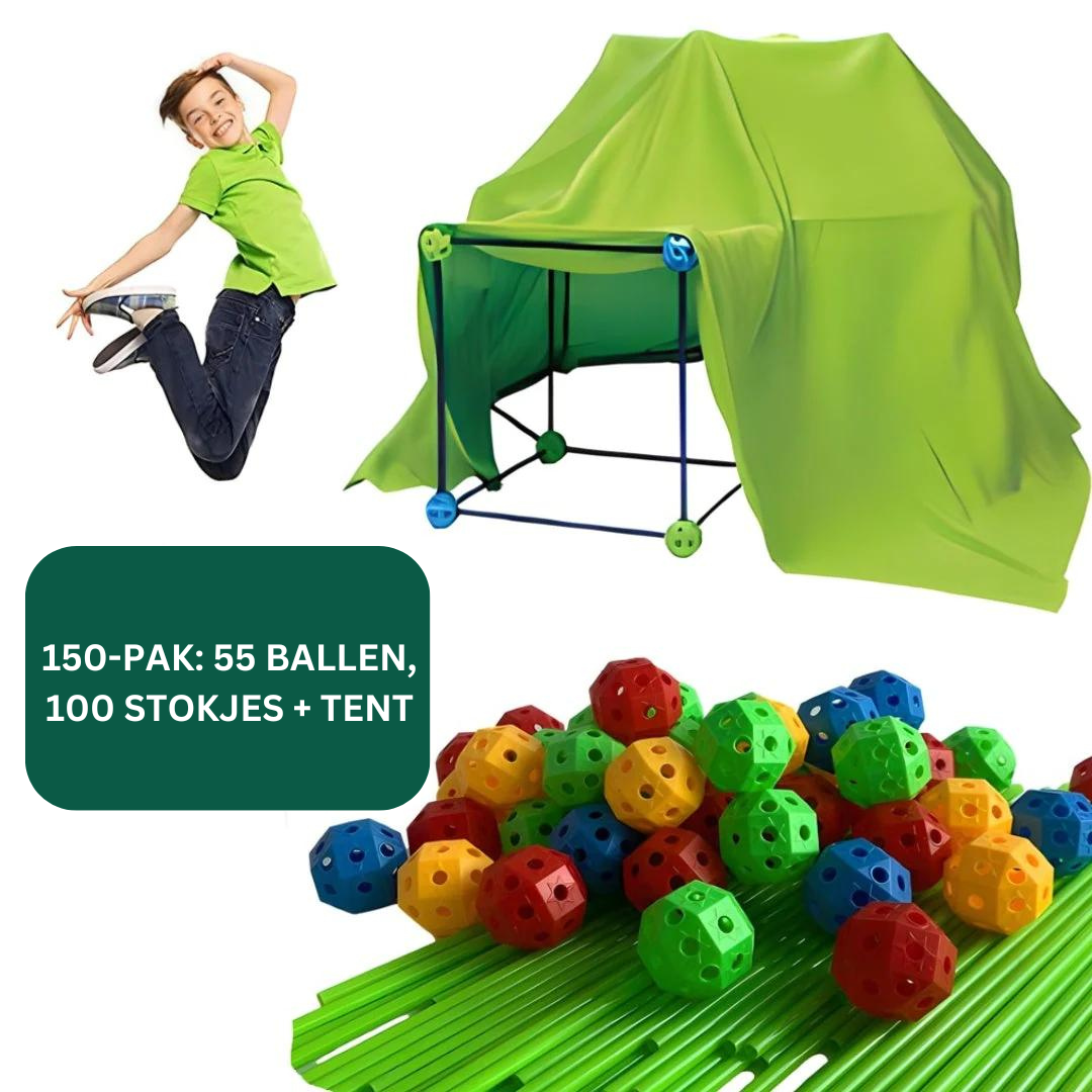 "Creatieve duurzame speeltent voor kinderen, kleurrijk ontwerp geschikt voor binnen en buiten, stimuleert fantasie en spel."
