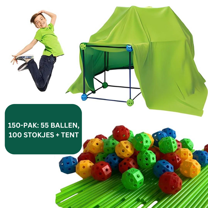 "Creatieve duurzame speeltent voor kinderen, kleurrijk ontwerp geschikt voor binnen en buiten, stimuleert fantasie en spel."