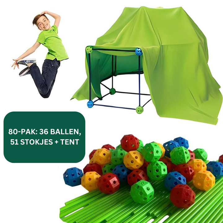 "Creatieve duurzame speeltent voor kinderen, kleurrijk ontwerp geschikt voor binnen en buiten, stimuleert fantasie en spel."
