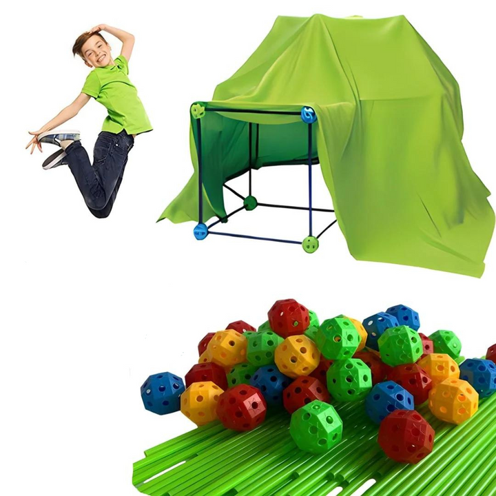 "Creatieve duurzame speeltent voor kinderen, kleurrijk ontwerp geschikt voor binnen en buiten, stimuleert fantasie en spel."