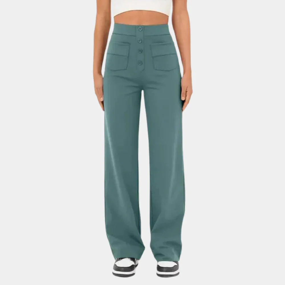 "Dames broek met hoge taille, rechte pijpen en stijlvolle pasvorm, ideaal voor casual of semi-formele looks."