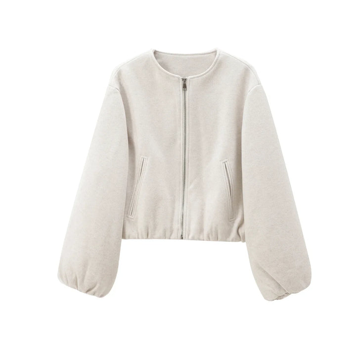 "Dames grijze bomberjas met ritssluiting, elastische tailleband en moderne oversized fit voor een stijlvolle casual look."