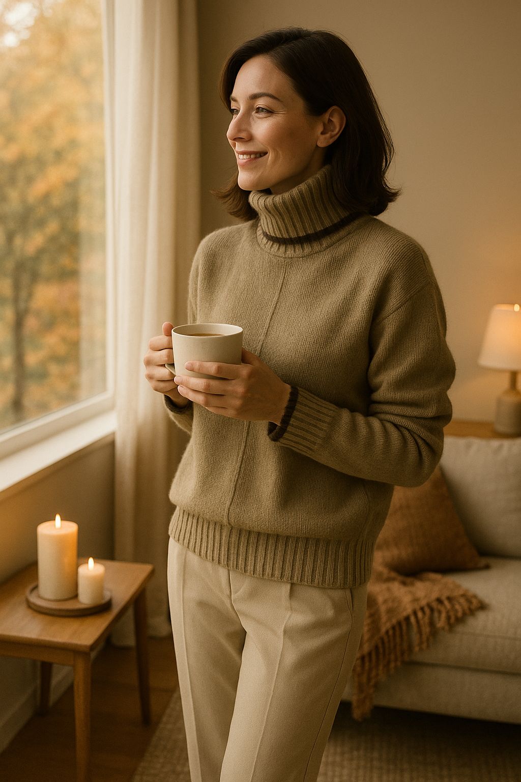 "Dames kasjmier coltrui, luxe khaki trui met contrasterende accenten, warm en elegant voor herfstseizoenen."
