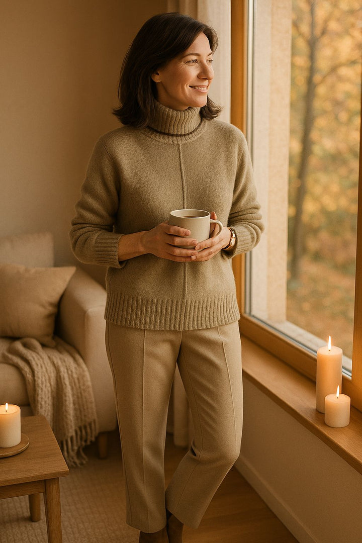 "Dames kasjmier coltrui, luxe khaki trui met contrasterende accenten, warm en elegant voor herfstseizoenen."