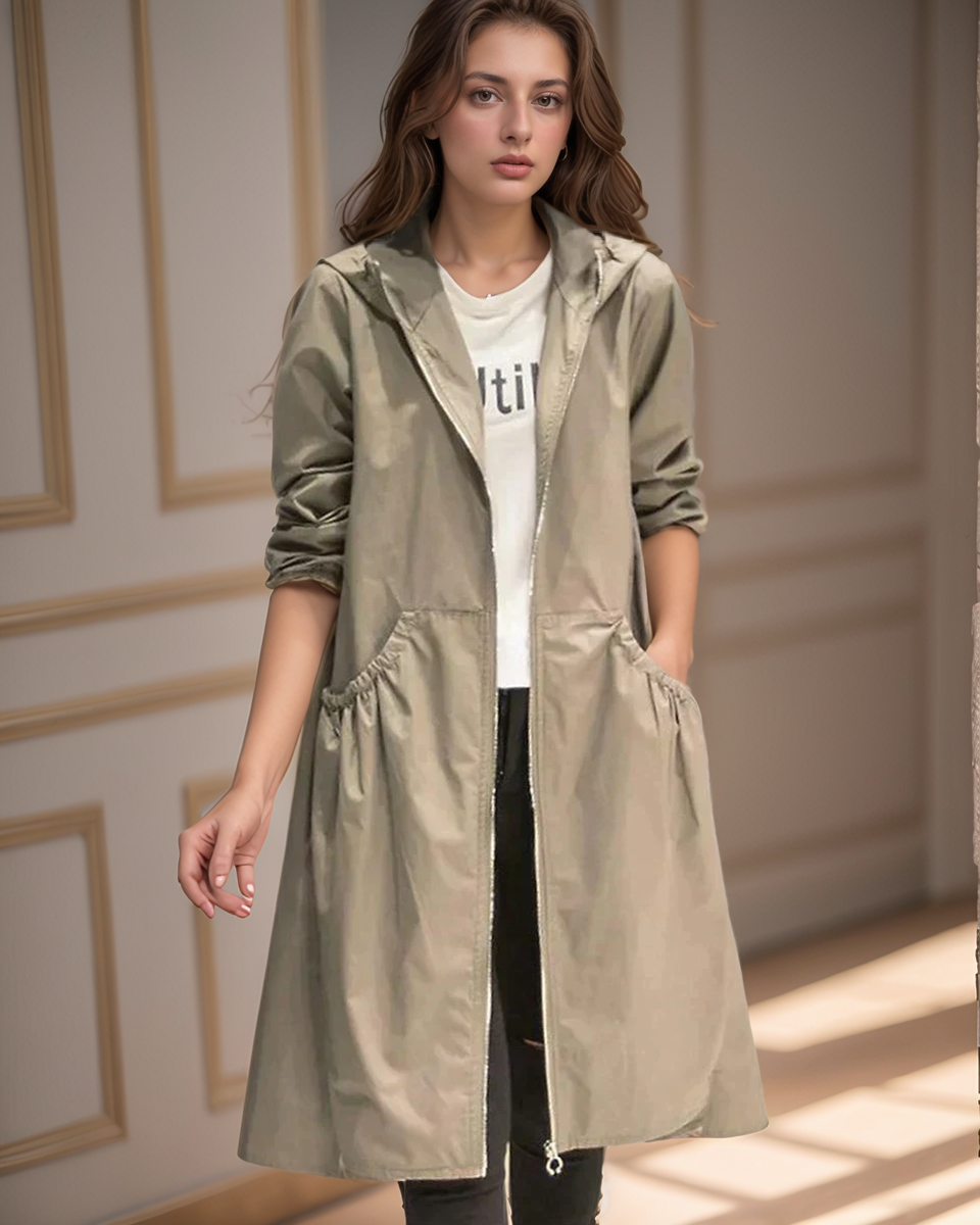 "Dames lange beige regenjas, waterdicht, knielang, losse pasvorm, perfecte stijl en bescherming tegen regen en wind."