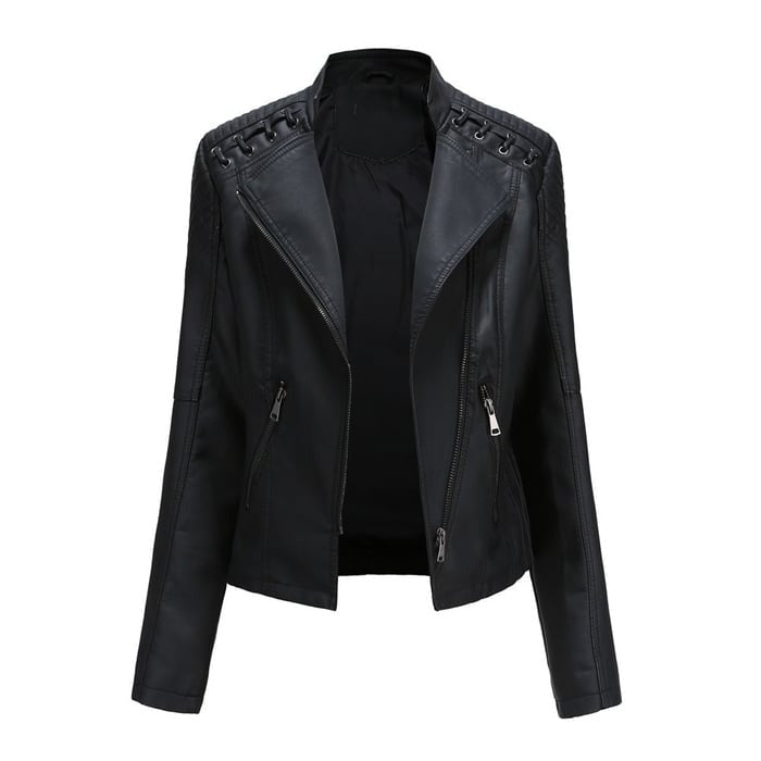 "Dames leren bikerjack in zwart met klassieke snit, tijdloos design en nikkelen ritssluiting voor elke gelegenheid"