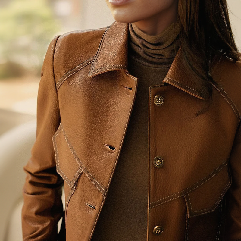 "Dames leren jas bruin herfst-winter, stijlvolle en warme pasvorm, premium leer, veelzijdig voor formele en informele stijlen