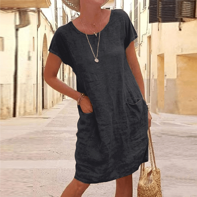 Dames linnen midi zomerjurk, korte mouwen, zakken, lichtbeige, elegante stijl, functioneel ontwerp, geschikt voor warme dagen