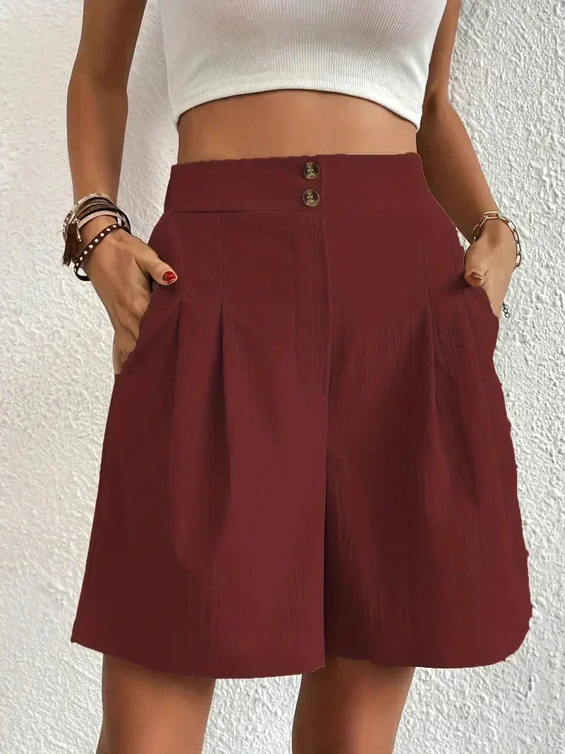 "Dames linnen zomershorts met hoge taille, schuine zakken, lichtgewicht, ademend, perfect voor zomerse dagen."