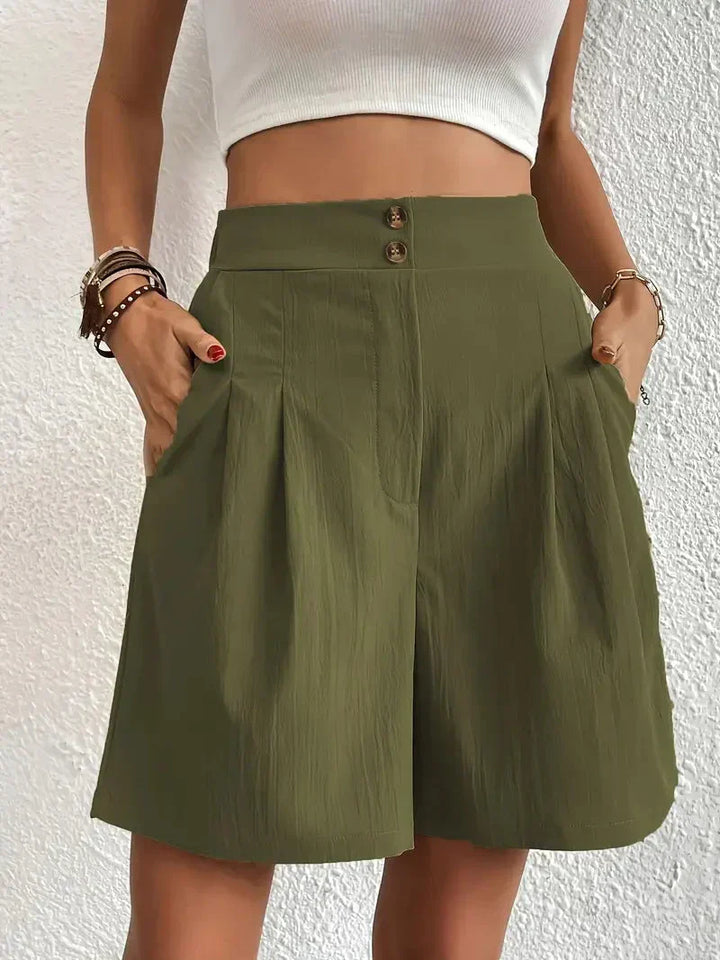 "Dames linnen zomershorts met hoge taille, schuine zakken, lichtgewicht, ademend, perfect voor zomerse dagen."