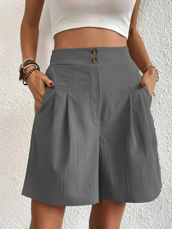 "Dames linnen zomershorts met hoge taille, schuine zakken, lichtgewicht, ademend, perfect voor zomerse dagen."
