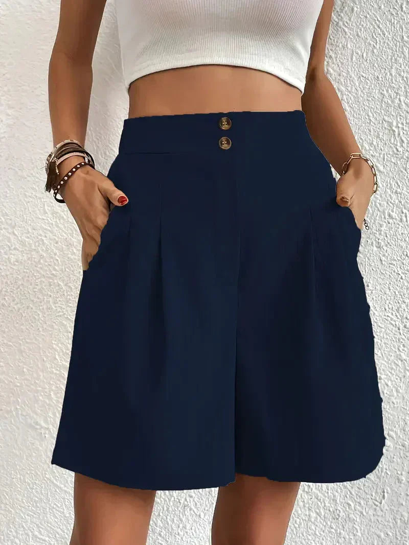 "Dames linnen zomershorts met hoge taille, schuine zakken, lichtgewicht, ademend, perfect voor zomerse dagen."