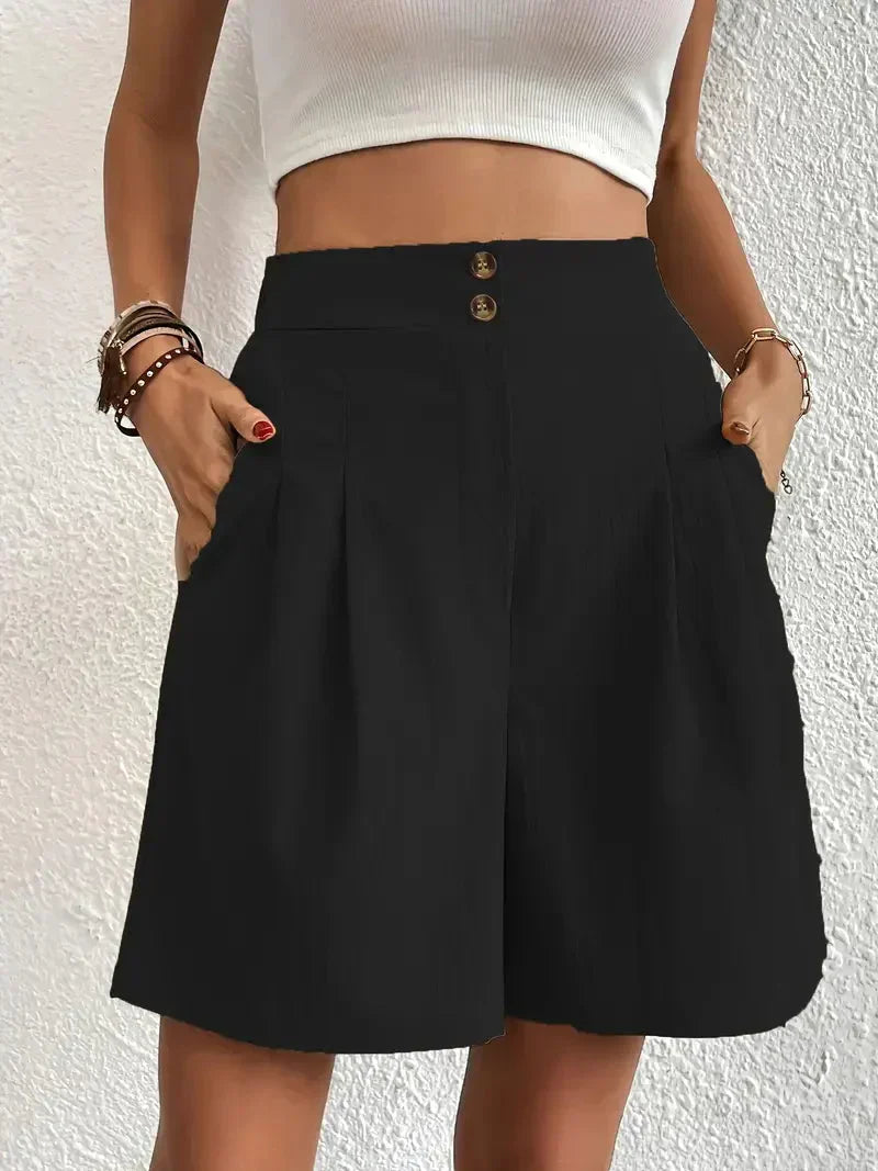 "Dames linnen zomershorts met hoge taille, schuine zakken, lichtgewicht, ademend, perfect voor zomerse dagen."