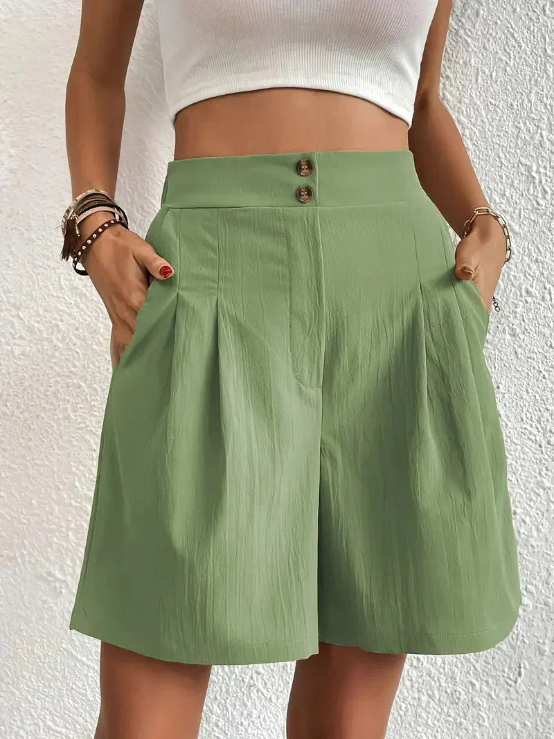 "Dames linnen zomershorts met hoge taille, schuine zakken, lichtgewicht, ademend, perfect voor zomerse dagen."