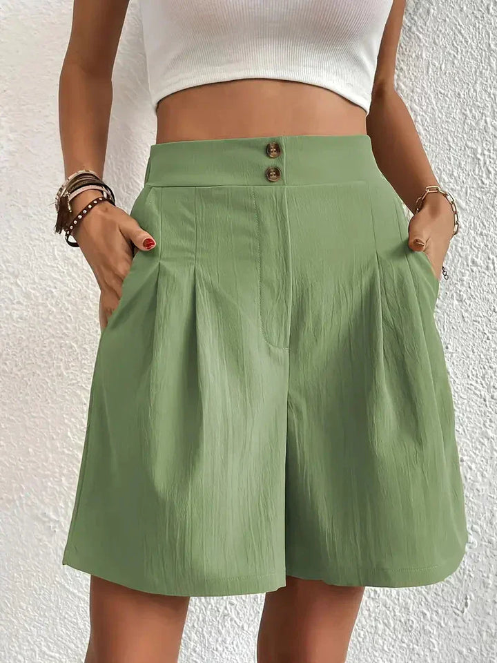 "Dames linnen zomershorts met hoge taille, schuine zakken, lichtgewicht, ademend, perfect voor zomerse dagen."
