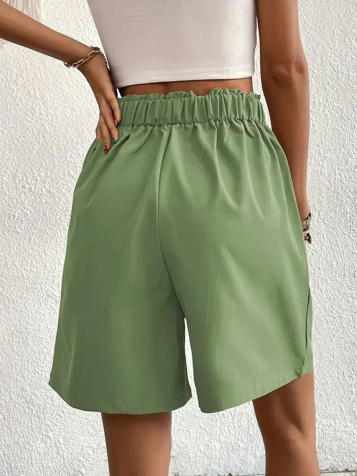 "Dames linnen zomershorts met hoge taille, schuine zakken, lichtgewicht, ademend, perfect voor zomerse dagen."