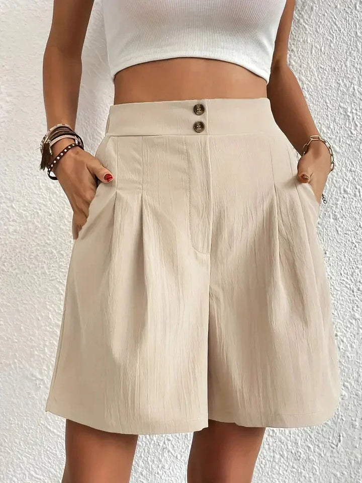 "Dames linnen zomershorts met hoge taille, schuine zakken, lichtgewicht, ademend, perfect voor zomerse dagen."