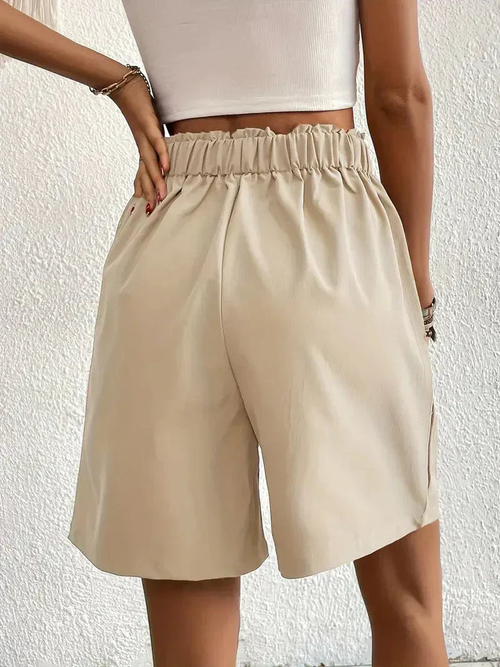 "Dames linnen zomershorts met hoge taille, schuine zakken, lichtgewicht, ademend, perfect voor zomerse dagen."