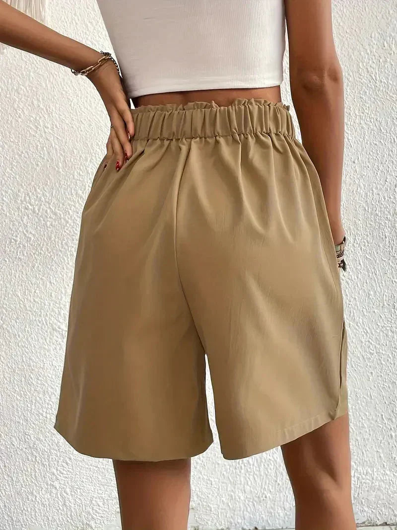 "Dames linnen zomershorts met hoge taille, schuine zakken, lichtgewicht, ademend, perfect voor zomerse dagen."