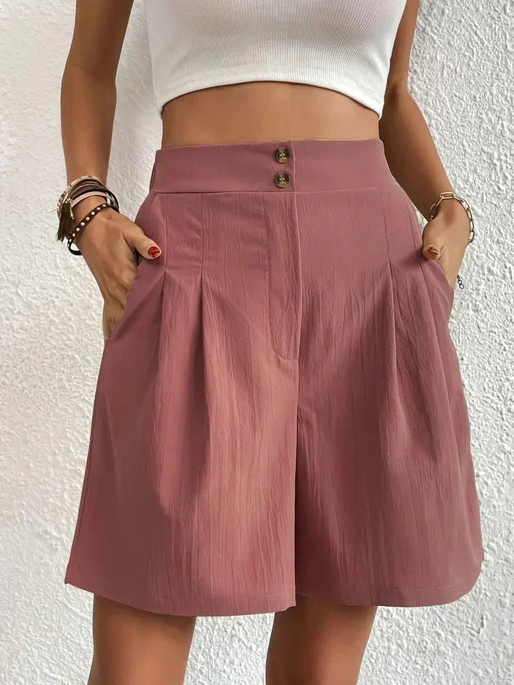 "Dames linnen zomershorts met hoge taille, schuine zakken, lichtgewicht, ademend, perfect voor zomerse dagen."