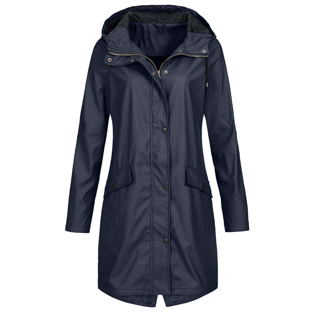 "Dames regenjas waterdicht, verstelbare kap, stijlvol ontwerp in blauw met zakken, ademend materiaal voor comfort."