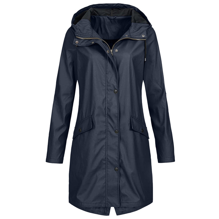 "Dames regenjas waterdicht, verstelbare kap, stijlvol ontwerp in blauw met zakken, ademend materiaal voor comfort."