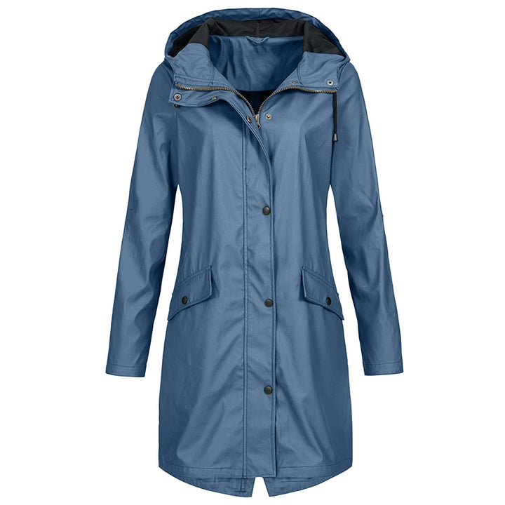 "Dames regenjas waterdicht, verstelbare kap, stijlvol ontwerp in blauw met zakken, ademend materiaal voor comfort."