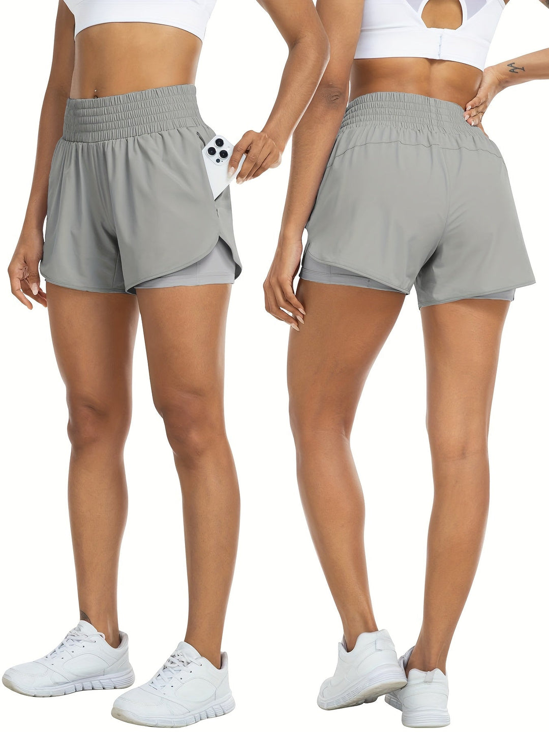 "Dames trainingsshorts met hoge taille, 2-in-1 ontwerp, losse buitenlaag en elastische binnenlaag, ademende stof."