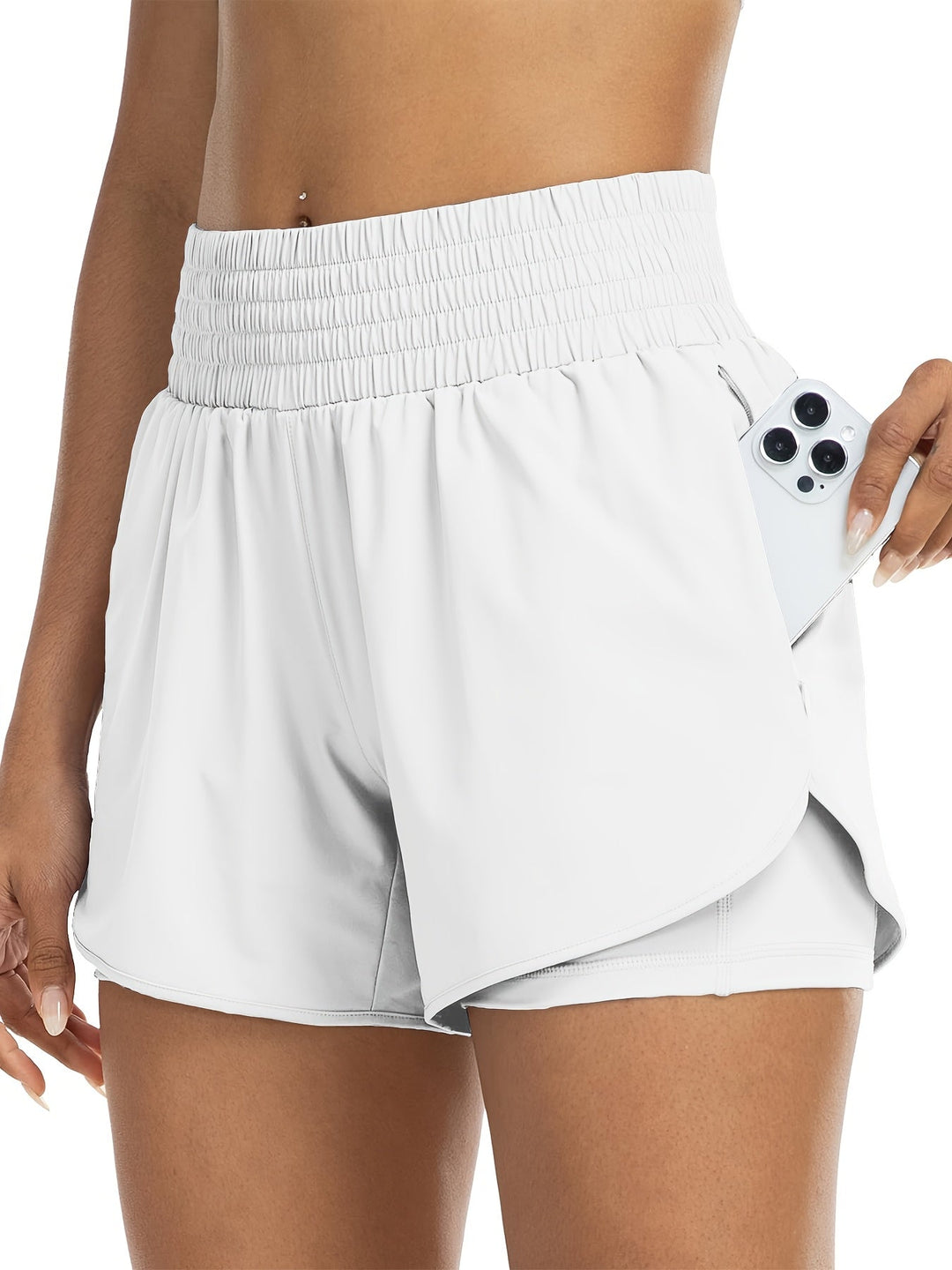 "Dames trainingsshorts met hoge taille, 2-in-1 ontwerp, losse buitenlaag en elastische binnenlaag, ademende stof."