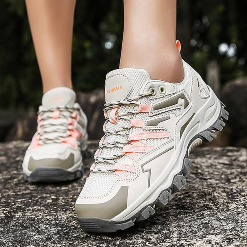 "Dames wandelschoenen; waterafstotend; antislipzool; ergonomische pasvorm; comfortabel; beige en grijze tinten"