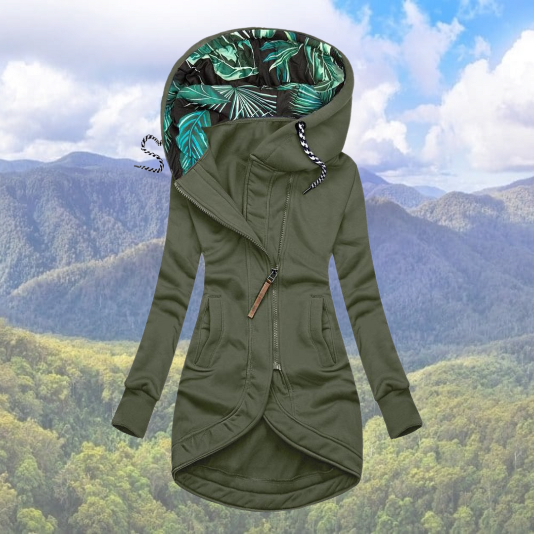 "Dames waterdichte winterjas met capuchon, slank design, opvallende capuchon, grijs, perfect voor koud weer en regen."