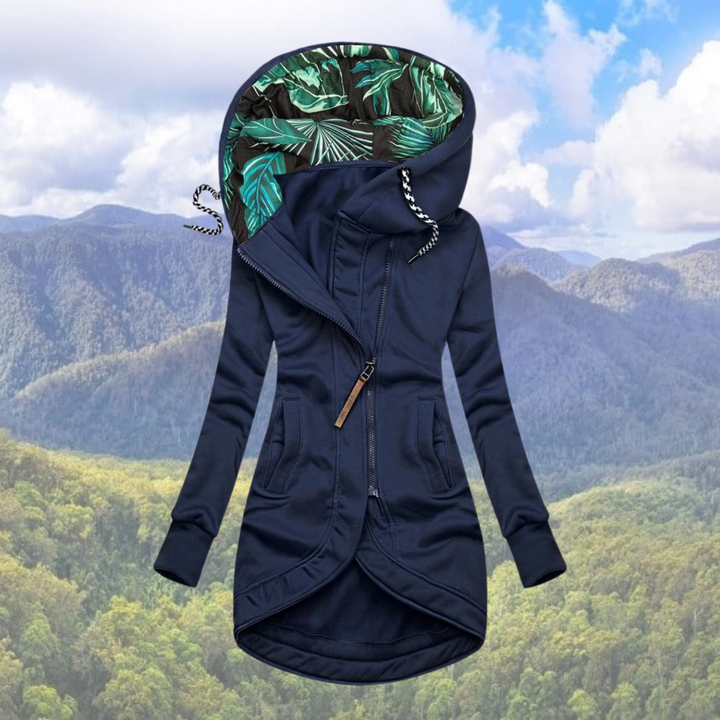 "Dames waterdichte winterjas met capuchon, slank design, opvallende capuchon, grijs, perfect voor koud weer en regen."
