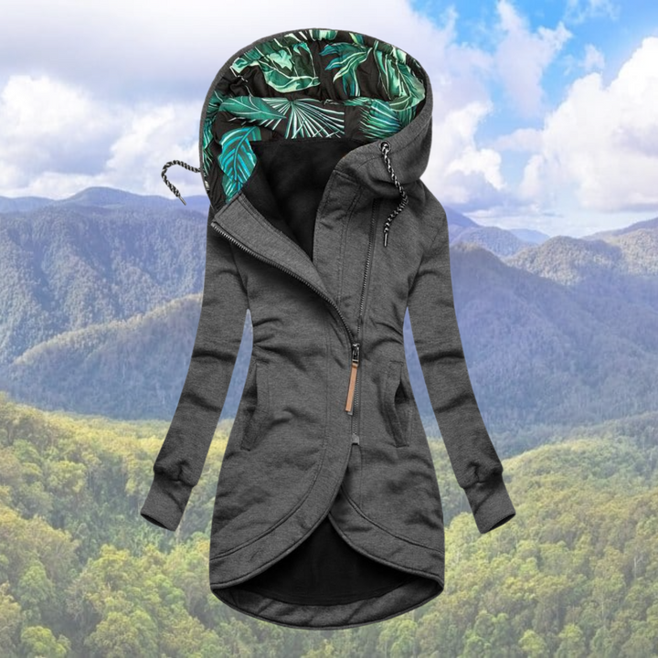 "Dames waterdichte winterjas met capuchon, slank design, opvallende capuchon, grijs, perfect voor koud weer en regen."