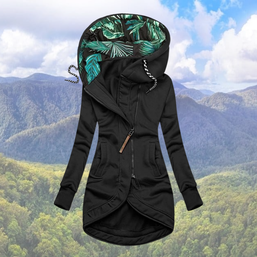 "Dames waterdichte winterjas met capuchon, slank design, opvallende capuchon, grijs, perfect voor koud weer en regen."