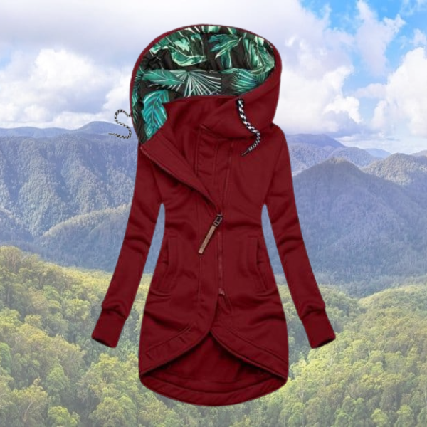 "Dames waterdichte winterjas met capuchon, slank design, opvallende capuchon, grijs, perfect voor koud weer en regen."