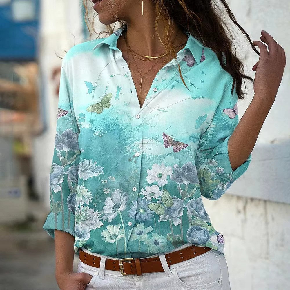 "Dames zomerbloes met lange mouwen, bloemenprint, zachte stof. Perfect voor zomerdagen; vrouwelijk en stijlvol ontwerp."
