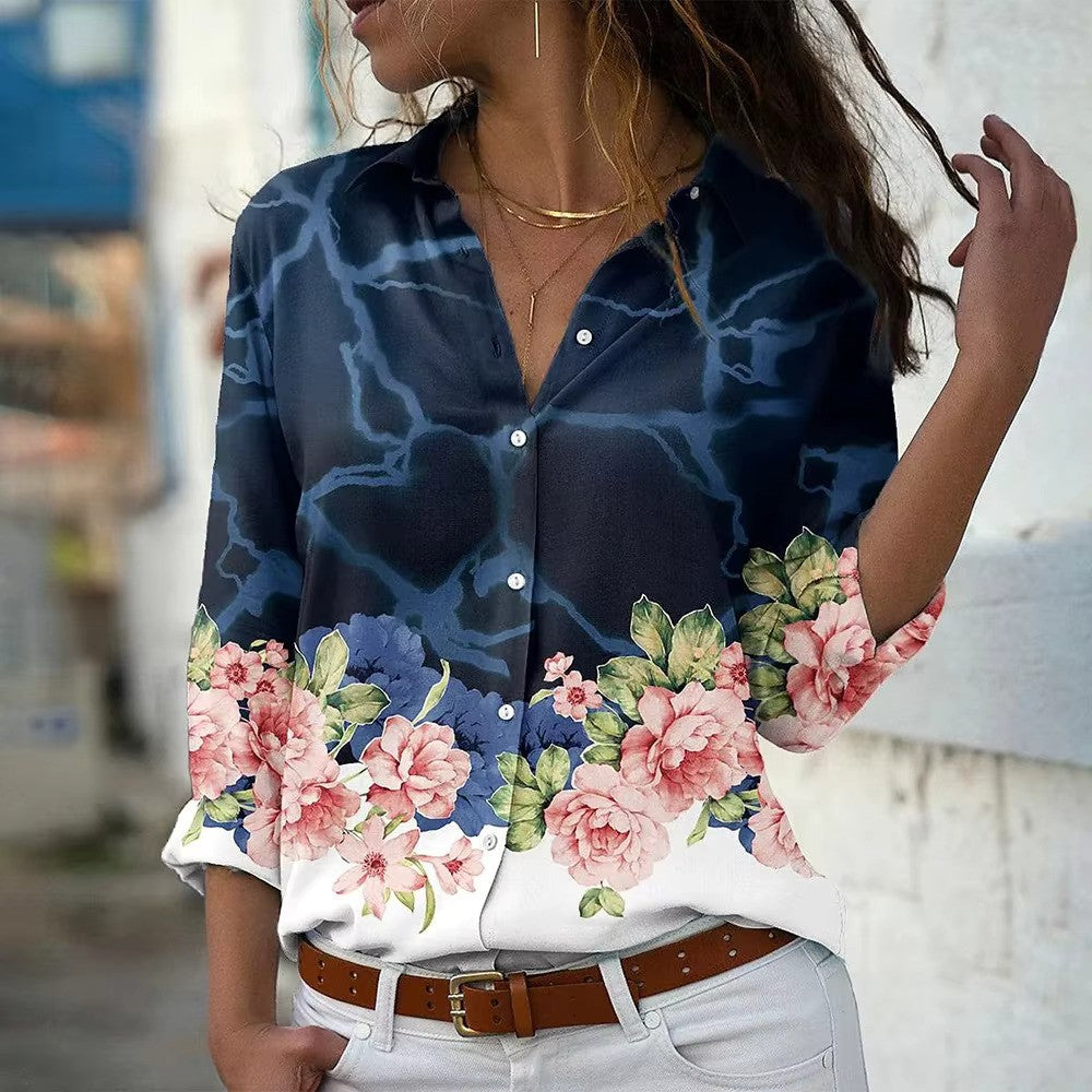 "Dames zomerbloes met lange mouwen, bloemenprint, zachte stof. Perfect voor zomerdagen; vrouwelijk en stijlvol ontwerp."
