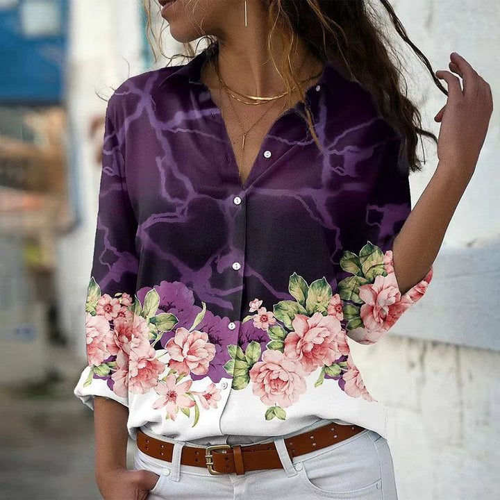 "Dames zomerbloes met lange mouwen, bloemenprint, zachte stof. Perfect voor zomerdagen; vrouwelijk en stijlvol ontwerp."