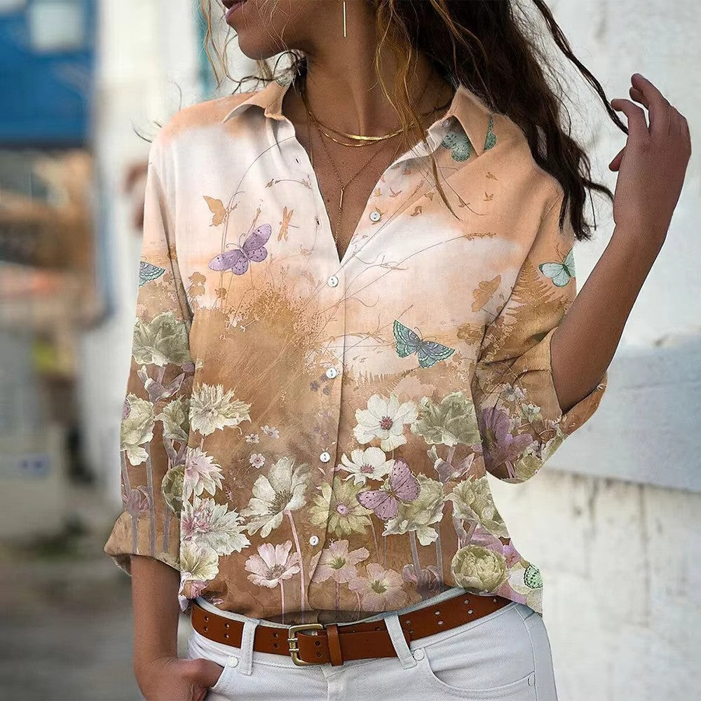 "Dames zomerbloes met lange mouwen, bloemenprint, zachte stof. Perfect voor zomerdagen; vrouwelijk en stijlvol ontwerp."