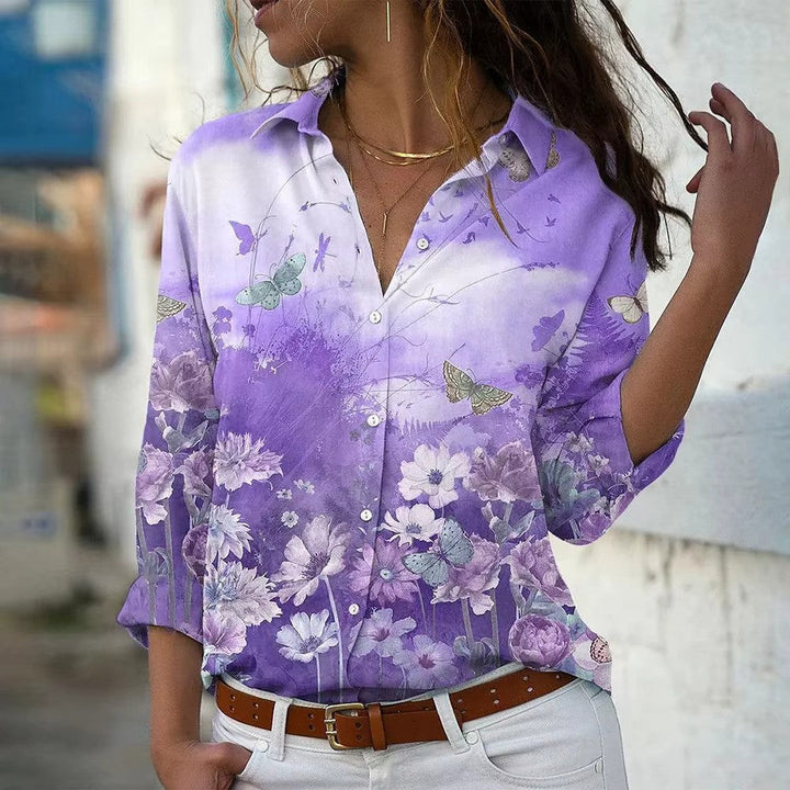 "Dames zomerbloes met lange mouwen, bloemenprint, zachte stof. Perfect voor zomerdagen; vrouwelijk en stijlvol ontwerp."