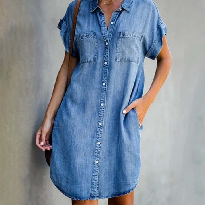 "Denim jurk met elegante eenvoud, flatterende pasvorm, donkerblauw, lichtblauw of grijs, ideale damesjurk voor elke gelegenhe