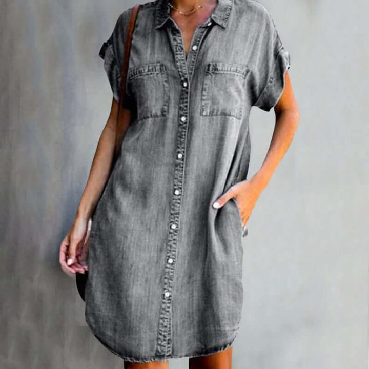 "Denim jurk met elegante eenvoud, flatterende pasvorm, donkerblauw, lichtblauw of grijs, ideale damesjurk voor elke gelegenhe