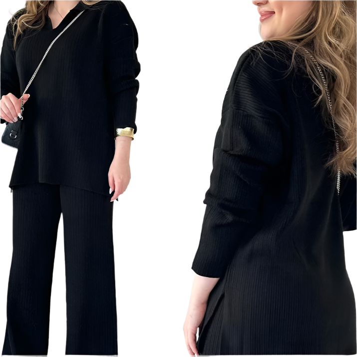 Diepblauw tweedelig loungewear set van ribstof, oversized top en wijde broek voor comfort en stijl, dameskleding.