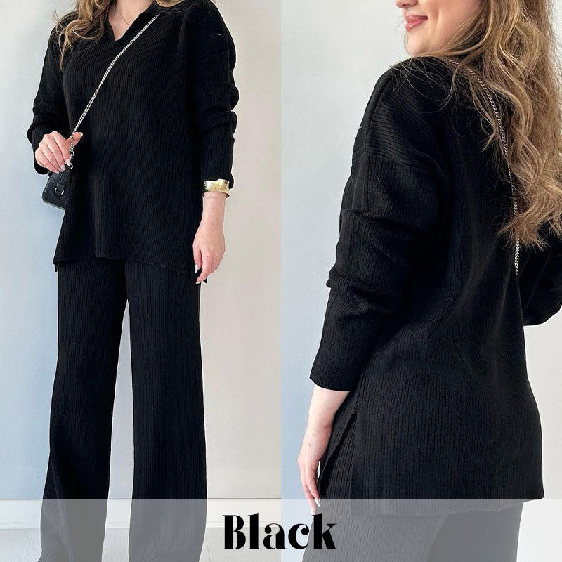 Diepblauw tweedelig loungewear set van ribstof, oversized top en wijde broek voor comfort en stijl, dameskleding.
